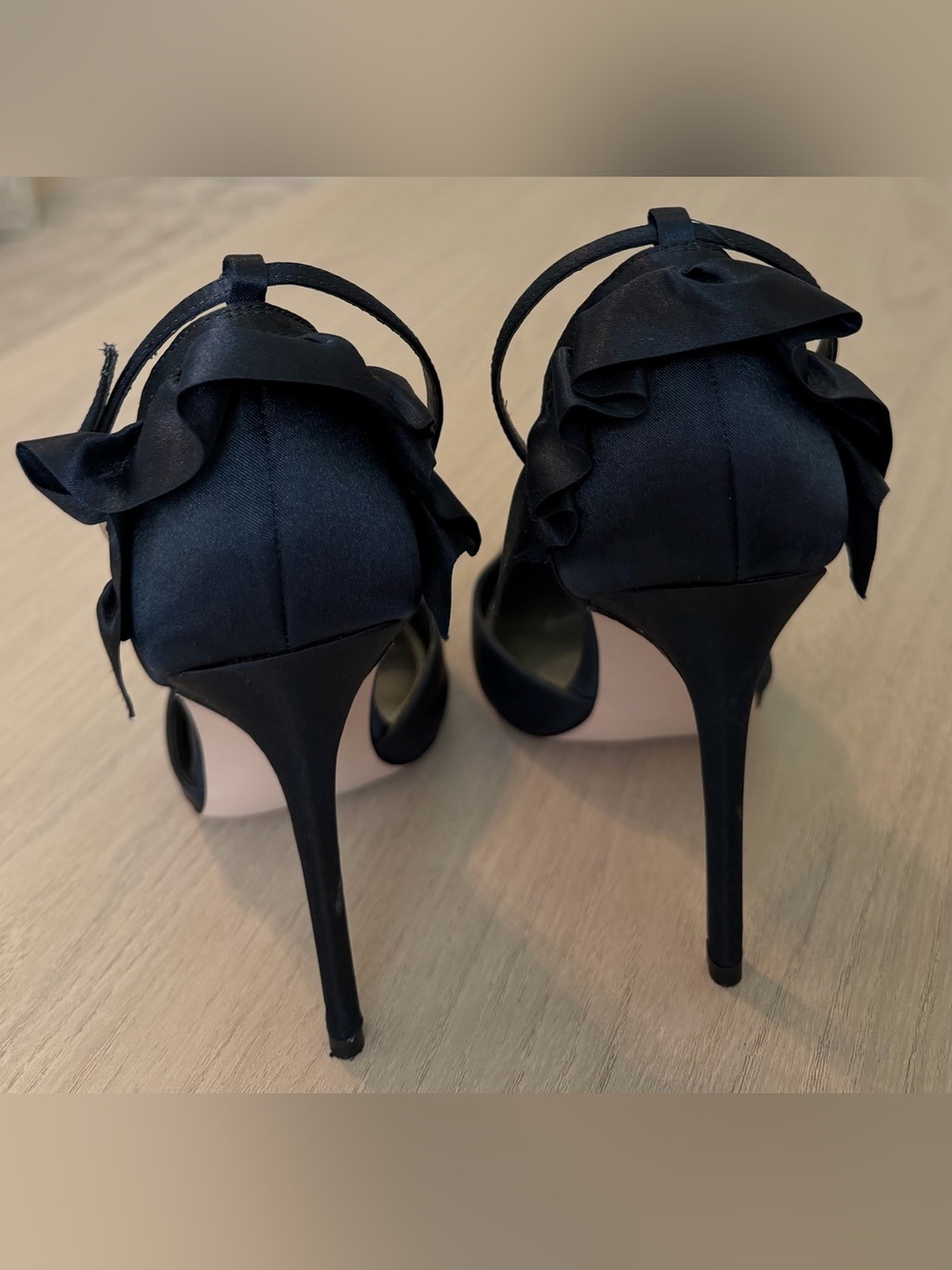 ASOS Navy Satin Pointed-Toe Ankle-Strap Heels with Ruffle Detail - Picture 8 of 8